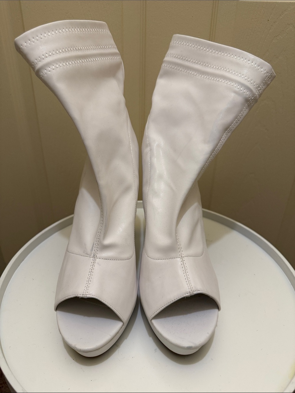 White Peep-Toe Stretch Mules — Women's Slip-On Heels